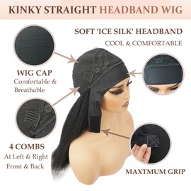 LIXION Headband Wig Human Hair 18 Inch Kinky Straight Headband Wigs for Black Women Yaki Straight Glueless Human Hair Machine Made None Lace Front Wigs Human Hair Natural Black color