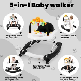 Boyro Baby Baby Walker, 5-in-1 Baby Walkers for Boys and Girls 6-12 Months with Bouncer, Removable Footrest, Feeding Tray & Music, Foldable & Adjustable Activity Walker for 6-18 Months Toddler Infant