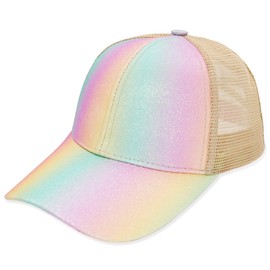 Wovanoo Baseball Caps for Women Rainbow Gradient Mesh Running Hat Glittery Adjustable Cross Ponytail Cap Yellow Pink