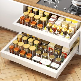 2-Pack Pull Out Cabinet Organizer Expandable, 21" Adhesive Pull Out Drawers Cabinet Roll out Shelves( NOT for Cabinets with Lips/Frame)for Kitchen Pantry Bathroom, Peel & Stick Pull out Drawers