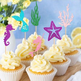 36 Pack Mermaid Cupcake Toppers Mini Under the Sea Coral Water Grass Starfish Mermaid Tail Hippocampus Figures Cupcake Picks Mermaid Party Decoration Baby Shower Supplies
