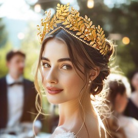 Vakkery Golden Leaf Crowns Headband Greek Goddesses Crowns and Tiaras Rhinestone Wedding Headpiece Bay Leaves Headpiece for Women and Girls