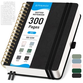 EMSHOI B5 Dotted Notebook, Spiral Notepad 150 Sheets/300 Pages, 100gsm, HardCover, Stencils, Pocket, Pen Loop, Ruler, Bookmark, Bullet Dot Grid Journal for Women Men Writing, 19 x 25.8cm, Black
