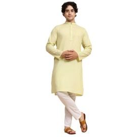 SKAVIJ Men's Pure Cotton Solid Kurta Pajama Set Mandarin Collar Daily Wear Casual Yoga Dress (KP022lemon_Lemon_S)