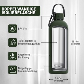 Exllena Insulated Water Bottles 1.5L with Handle Lid and Clip, Double Wall Vacuum Water Bottle Keeps Drinks Cold for 24 Hours/Hot for 12 Hours, Stainless Steel Water Bottle, BPA Free, Pine Green