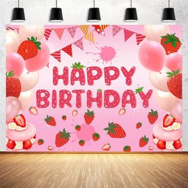 10x8ft Strawberry Birthday Backdrop Banner Happy Birthday Party Decorations Colorful Background Happy Birthday Yard Sign backdrops Photo Indoor Outdoor Birthday Party Supplies for Kids Girls
