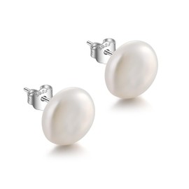 JaruJaru 13mm+ Button-Shaped Baroque Pearl Earrings for Women – Coin/Disc Freshwater Pearls, Handpicked, Hypoallergenic 925 Sterling Silve, Flat-Back Studs for Everyday Elegance