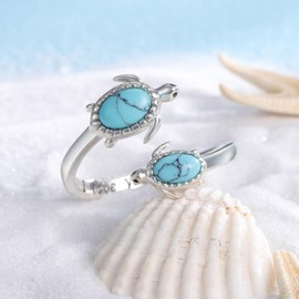 EJALEN 925-Sterling-Silver Opal /Turquoise Sea Turtle/Dolphin/Sea Life Ring - Inspirational I Love You Forever Adjustable Open Nature Ocean Mother Daughter Ring Cute Animal Jewelry Gifts for Women