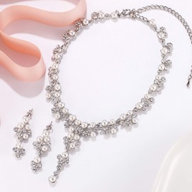 EVER FAITH Crystal Simulated Pearl Luxury Wedding Filigree Drop Necklace Earrings Set Clear Silver Tone, Pearl Crystal Pearl, Created Pearl