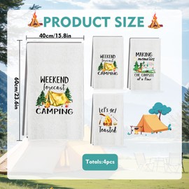 Camping-Themed Kitchen Towels – 4 Pack – Fire, Tent, and Car Designs – Soft, Absorbent Microfiber Dish Towels – Perfect for Cleaning Plates, Cups, Pots, and More – Ideal for Kitchens and Ca
