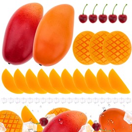 Gresorth Fruit Set Decoration Realistic Mango & Slice Block Model Artificial Fake Ice Cube Display Lifelike Cherry Ornament Photography Prop 36pcs