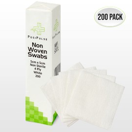 Posi Pulse 5cm x 5cm, 200ct Non-Sterile Gauze Swabs - 4 Ply Non-Woven Blend of Soft Strong Smooth Viscose/Polyester, 30g, Latex Free, CE Certified, White for Wound Dressing, Cleaning, Absorption