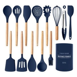 Country Kitchen Non Stick Silicone Utensil Set with Rounded Wood Handles for Cooking and Baking, 14 Piece Set, Navy