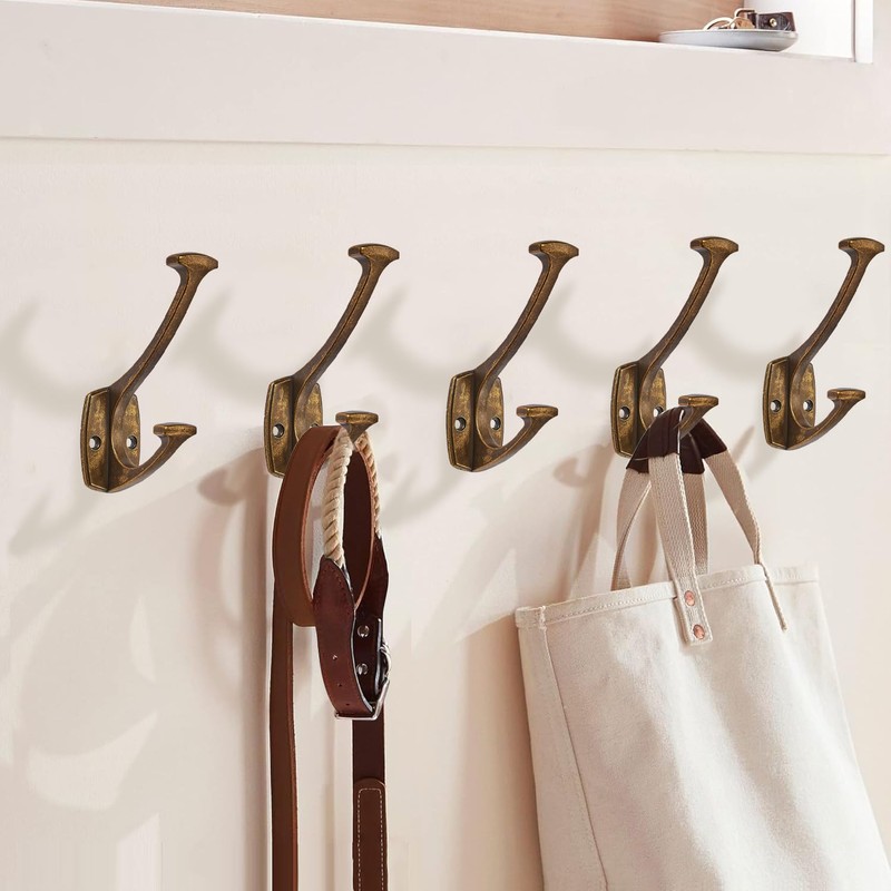 ZAUYX 5 Pack Antique Brass Hooks Decorative Heavy Duty Solid