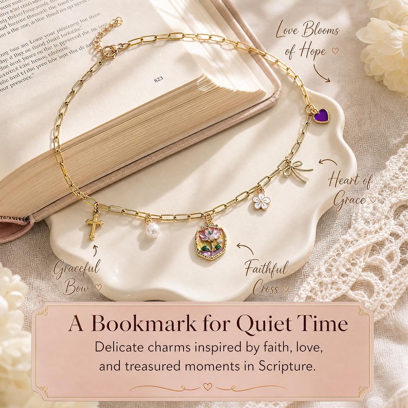Floral Pearl Heart Bow Bible Charm Chain Christian Bookmark