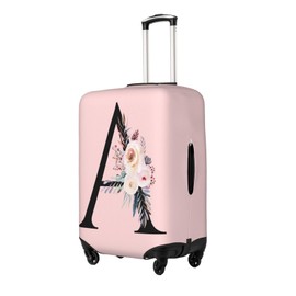 Elastic Travel Luggage Cover Cute Pink Suitcase Protector Bag,Black Letter A With Boho Floral Flowers Leaves Anti-Scratch,Dust-Proof Washable Baggage Covers For Kid Adult,M (For 22-24 Inch Luggage)