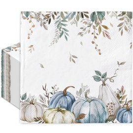JarThenaAMCS 50Pcs Fall Paper Napkin Watercolor Blue Pumpkin Leaves Luncheon Napkins Autumn Dessert Dinner Hand Napkin for Thanksgiving Party Supplies