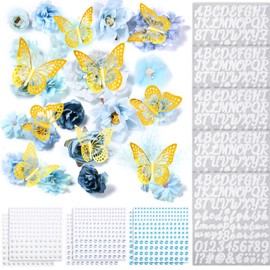 Hoteam DIY Craft Decorations Kit Included Faux Flower Heads 3D Butterfly Adhesive Rhinestones Glitter Alphabet Letter Sticker for Wreath Hat Grad Cap DIY Art Party Wall Decor(Blue)