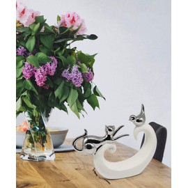 FeinKnick Stylish Decoration with Playing Cat and Bird - White & Silver Ceramic Cat Decoration - Modern Cat Figure 20 cm High