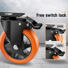 ASRINIEY Casters, 5" Caster Wheels, Orange Polyurethane Castors, Top Plate Swivel Wheels, Casters Set of 4, Locking Casters for Furniture and Workbench, Heavy Duty Casters, 4 Pack Casters with Brake