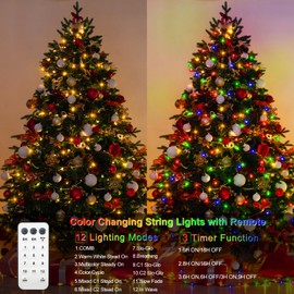 2 Pack Color Changing String Lights, 33 Ft 100 LED Christmas Fairy Lights Battery Operated Green Wire String Lights with Remote Timer for Bedroom Garden Party Wedding Decor - Warm White & Multicolor