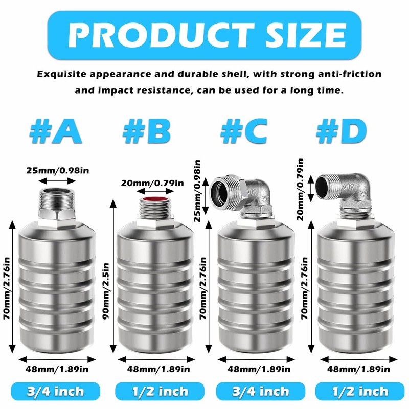 2PCS Stainless Steel Mini Floating Ball Valve, Automatic Water Level