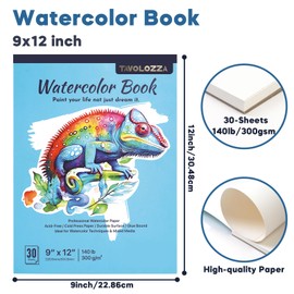 Watercolor Paper Pad 9x12 inch, 2 Packs, 60 Sheets, 140lb (300gsm), Acid-Free Paper, Ideal for Wet & Dry Media, Beginners, Artists, Adults