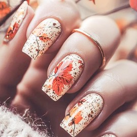 Fall Square Press on Nails Short Medium Fake Nails Maple Leaf False Nails with Design Glossy Acrylic Nail Press ons Reusable Stick on Nail Autumn Thanksgiving for Women 24Pcs
