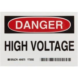 Brady 84875 3-1/2" Height, 5" Width, B-302 High Performance Polyester, Black And Red On White Color Admittance Sign, Legend "Danger, High Voltage"