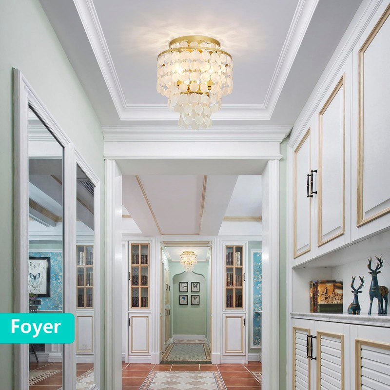 GlowEasely Modern Capiz Shell Chandelier Ceiling Light, Costal Design Close