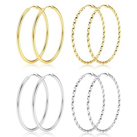 Sanfenly Clip On Hoop Earrings for Women Stainless Steel Clip On Earrings for Women Silver Gold Fake Non Piercing Big Hoop Earrings For Non-Pierced Ears 60MM