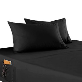 Elegant Comfort 4-Piece Solid Smart Sheet Set-Deep Pocket Fitted Sheet with Side Storage Pockets-Silky Soft 1500 Thread Count Egyptian Quality Microfiber, Wrinkle and Fade Resistant, Twin XL, Black