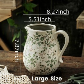 Ceramic Pitcher Vase, Farmhouse Ceramic Vase with Handle, Rustic Pitcher Vase for Home Decor, Decorative Vintage Vase, Ceramic Jug Flower Vase, Centerpiece for Your Kitchen/Bedroom/Office/Living Room