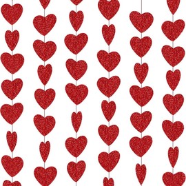 Heart Garland Red Hearts Decorative Garlands Glitter Heart Garland Hanging Decoration for Valentine's Day Marriage Proposal Romantic Decoration - Pack of 6 -