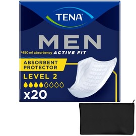 Tena Men Level 2 Incontinence Pads Men Bundle by Wishesla Absorbent Protector Multipack 2x10 Total of 20, 100% Discreet, Thin 4mm, up to 450ml Absorbancy and Black Fabric Toiletries Bag