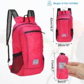 PATIKIL Hiking Backpack, 15L-20L Packable Lightweight Backpack Daypack Foldable Outdoor Climbing Cycling Backpacking Shoulder Bag for Men Women, Rose Red