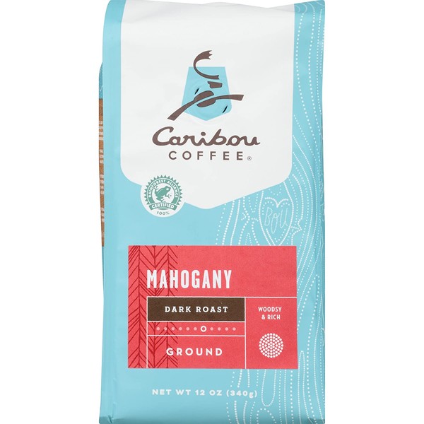 Caribou Coffee, Mahogany Dark Roast, 12 oz. Bag, Dark Roast Blend of El Salvador, Sumatra, & Guatemala Coffee Beans, Earthy, Dark, & Bold, with A Raw Sugar Finish, Arabica Coffee; Sustainable Sourcing