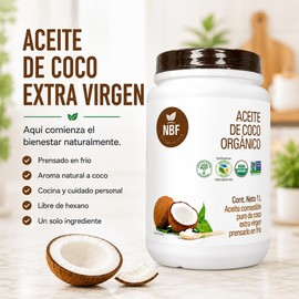 NBF - Aceite de Coco Orgánico Extra Virgen Prensado en Frío Ideal para Cocinar y Hornear Con Sabor y Olor No GMO, 1L