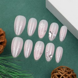 24Pcs Christmas Press on Nails Medium Almond Shaped Nude Fake Nails Snowflake Acrylic Nails Design Glossy Glitter False Nails for Women Girls Winter Xmas Stick on Nails DIY Christmas Nails Decoration