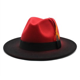 howkuhat Felt Fedora Hat for Men Women Color Blocking Feather Wide Brim Classic Adjustable for Autumn Winter(UK, Alpha, One Size, M, Red+Black)