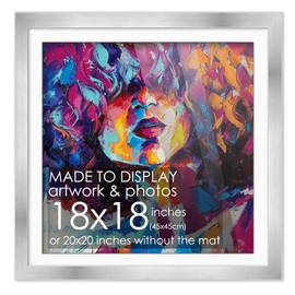 18x18 Frame Silver Wood With White Mat | 20x20 Frame Matted to 18x18 | Display Your Poster Under UV Acrylic Shatter Guard Front, with Foam Board Backing, Wall Hanging Hardware - Gallery Frame Square