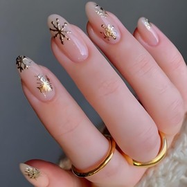 Snowflake Press on Nails Christmas Fake Nails Medium Almond Glossy Nude Gold Snowflake Design False Nails Xmas Holiday Acrylic Artificial Nails for Women Christmas Nails Decoration 24Pcs