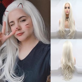 Xiweiya U Part Platinum Blonde Wavy Lace Wigs Long Hair Synthetic Blonde Lace Front Wigs Body Wave Hair White Queen Elsa Hairstyle Elsa Cosplay Wigs…