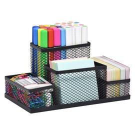 SAYEEC Mesh Desk Organizer, Black Pen Holder for Desk, 4 Compartments Wire Desktop Organizer, Multi-Functional Metal Pencil Cup Caddy Holder Office Supply Storage Organizers for School Home Workspace