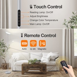OUTON LED Floor Lamp, 27W/2400LM Torchiere Lamp & 7W/ 400LM Reading Lamp, Bright Dimmable Standing Tall Lamp with 4 Color Temperature, Remote Touch Control for Living Room Bedroom Office, Silver Grey