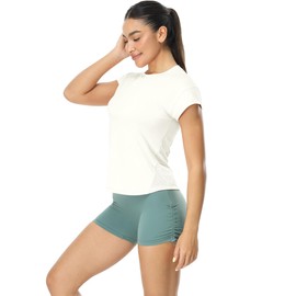 icyzone Women's Crewneck Workout T Shirts Quick Dry Athletic Cap Sleeve Fitness Gym Running Yoga Tee Tops (Off White, M)