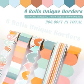 EggSun 6 Rolls 206.69ft Boho Bulletin Board Decorations, Bulletin Board Borders for Classroom, Rainbow Scalloped Trim Colorful Borders for Back to School Theme Classroom Office Decor Supplies (Boho)