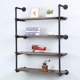 Industrial Pipe Shelving Wall Mounted,36in Rustic Metal Floating Shelves,Steampunk Real Wood Book Shelves,Wall Shelf Unit Bookshelf Hanging Wall Shelves,Farmhouse Kitchen Bar Shelving(4 Tier)