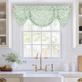 VOGOL Faux Linen Valance Curtain, Leaf Print Light Filtering Window Topper for Kitchen, Easy to Install Tie Up Valances for Bathroom, Dining Room, 52x18 Inches, 1 Panel, Green