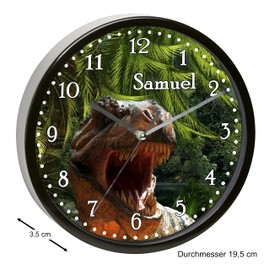 CreaDesign, WU-01-1124 T-Rex Dinosaur Wall Clock for Children's Room, Customisable with Name, Black Frame, Diameter 19.5 cm